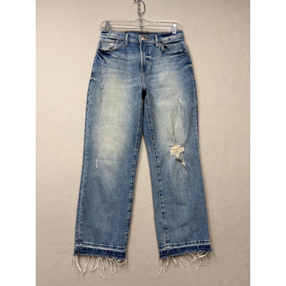 Express Jeans Womens 2S Blue Straight Ankle High Rise Distressed Frayed Hem